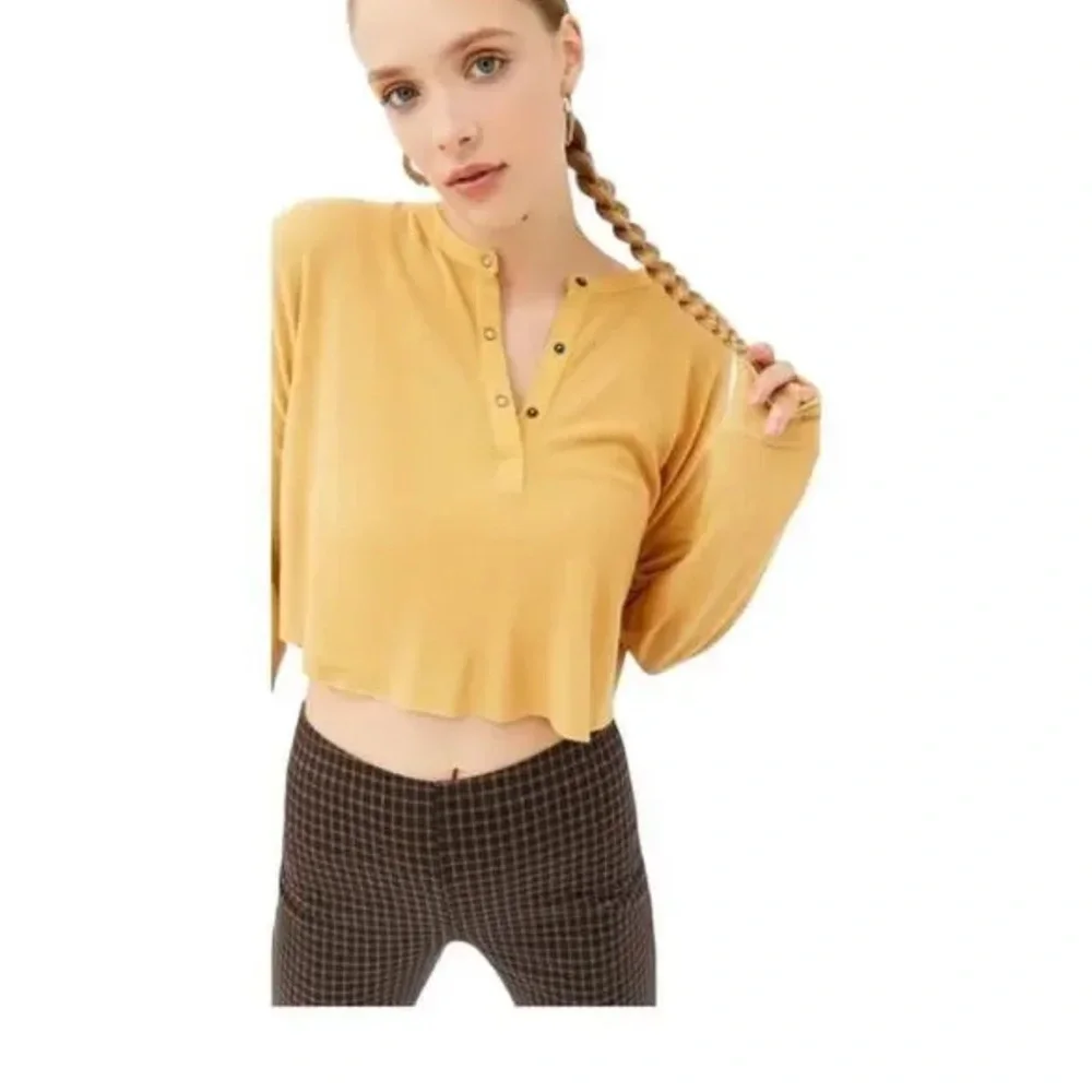 UO Out From Under Mustard Long Sleeve Cropped Emmy Henley Top Size S - Picture 3 of 6
